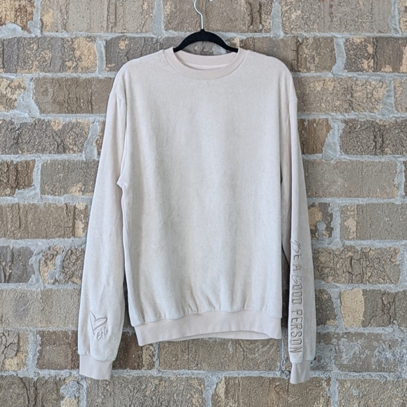 Be A Good Person Beige Terrycloth Pullover Sweatshirt Size Small Oversized - Picture 1 of 8